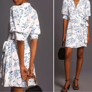 Anthropologies Maeve Elegant White and Blue Printed Wrap Dress